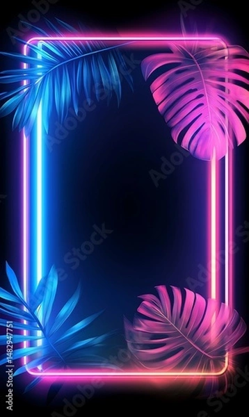 Fototapeta Bright glowing neon rectangle with tropical monstera and palm leaves beautifully accenting its frame