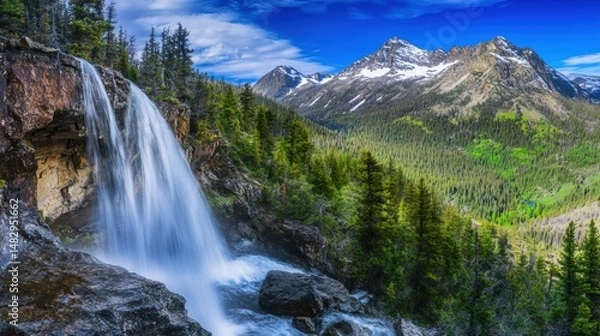 Fototapeta Serene Waterfall in Majestic Mountain Landscape Under Clear Sky