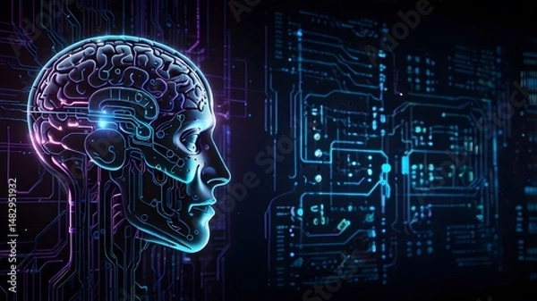 Fototapeta A high-resolution conceptual illustration of a glowing human brain integrated with circuit lines, representing artificial intelligence, futuristic technology, and digital cognition.