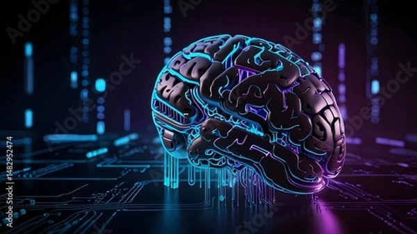 Fototapeta A high-resolution conceptual illustration of a glowing human brain integrated with circuit lines, representing artificial intelligence, futuristic technology, and digital cognition.