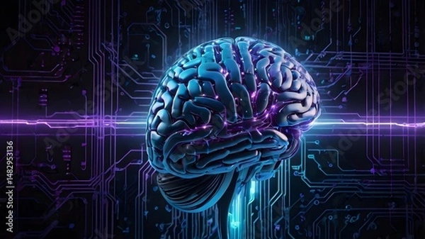 Fototapeta A high-resolution conceptual illustration of a glowing human brain integrated with circuit lines, representing artificial intelligence, futuristic technology, and digital cognition.