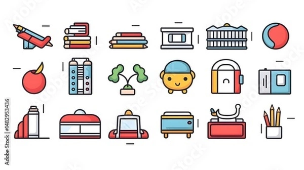 Obraz Back to School Thin Line Icon Set Cartoon Vector Illustration for Education Projects