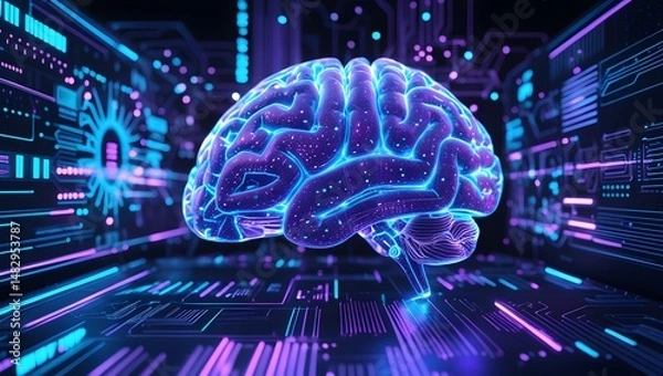 Fototapeta A high-resolution conceptual illustration of a glowing human brain integrated with circuit lines, representing artificial intelligence, futuristic technology, and digital cognition.