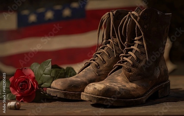 Fototapeta Worn leather military boots stand poignantly beside a red rose and shell casing