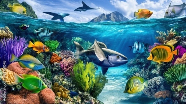 Fototapeta Vibrant Underwater Scene with Colorful Fish and Coral Reef