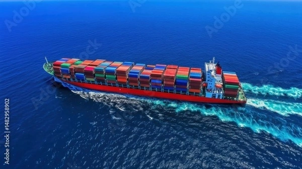 Fototapeta Cargo Ship with Colorful Containers Navigating Open Ocean Waters