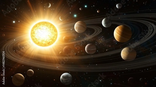 Fototapeta Bright Star Illuminating Planets in Vast Cosmos with Rings