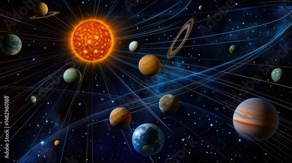 Fototapeta Solar System with Planets and Bright Sun in Vast Universe Background