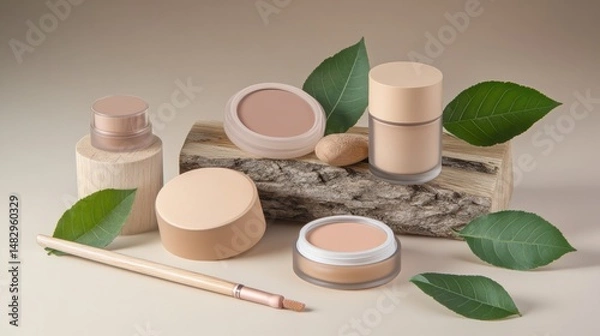 Fototapeta Natural Makeup Products with Leaves on Wooden Background Display