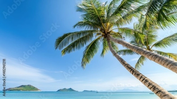 Fototapeta Lush Tropical Paradise with Palm Trees and Serene Ocean View