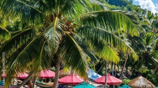 Fototapeta Tropical Paradise with Palm Trees and Colorful Beach Umbrellas