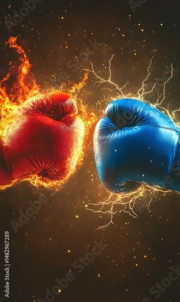 Fototapeta A blue boxing glove confronts a red boxing glove engulfed in flames head on