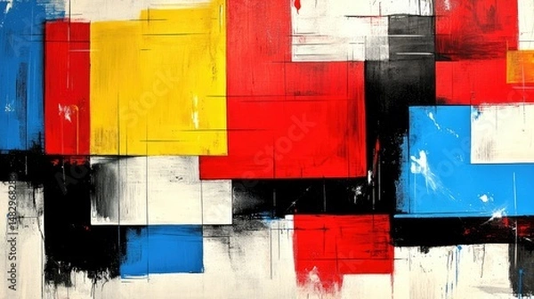 Fototapeta Geometric abstract. Blue, yellow, red, black, and white rectangular shapes