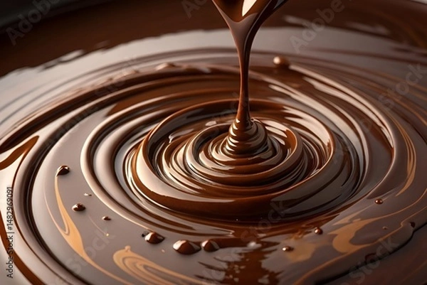 Obraz Hyperrealistic Close-Up of Flowing Melted Chocolate with Glossy Swirls and Pouring Stream