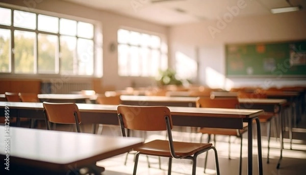 Obraz Empty Classroom Desks and Chairs Ready for Students Sunlit School Room Interior