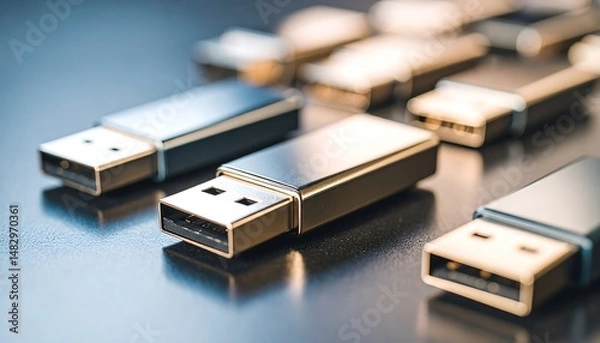 Fototapeta Multiple Metallic USB Flash Drives Close Up Shot Data Storage Technology