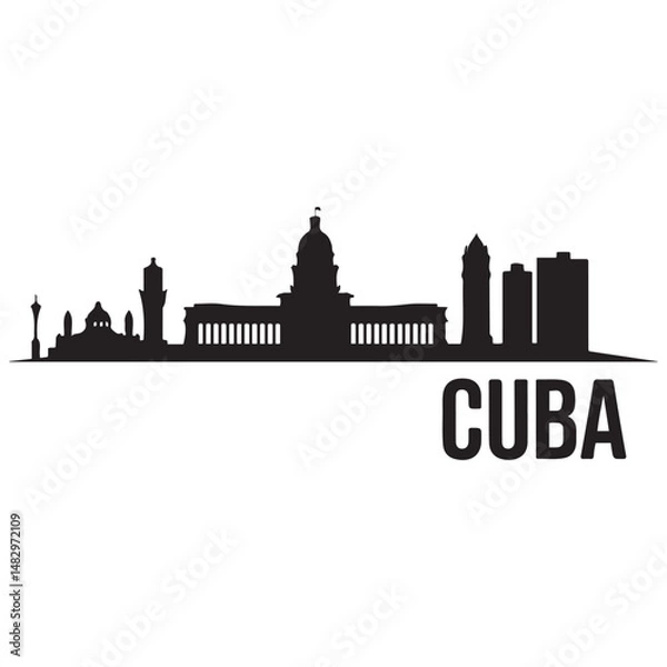 Fototapeta Vector Cuba skyline. Travel Cuba famous landmarks. Business and tourism concept for presentation, banner, web site. Vector black silhouette. with white background