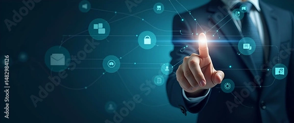 Fototapeta Businessman Touching Virtual Screen: Highlighting Modern Innovation and Digital Transformation in Business - Stock Photo Concept with Copy Space on the Left