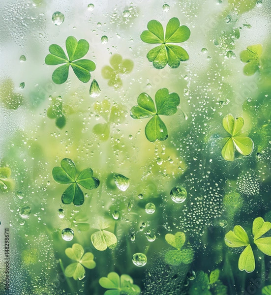 Fototapeta St Patrick day background with pattern made of green clovers and water drops.
