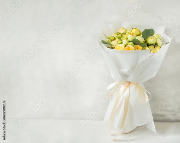 Fototapeta  bouquet of pale yellow peony-style roses wrapped in white paper with satin ribbon gray background with putty effect. banner. Elegant floral gift for weddings, birthdays, or special occasions.