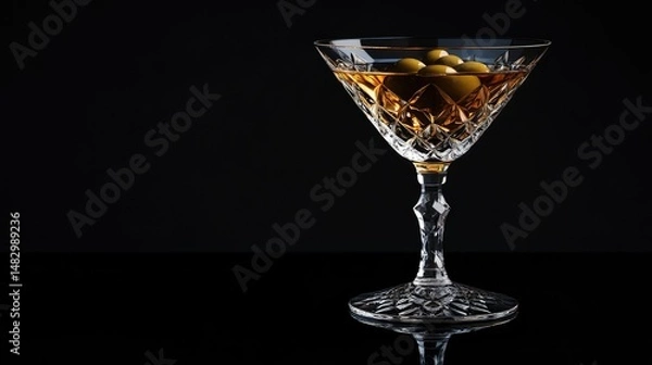 Fototapeta A close-up of a martini glass filled with clear liquid, featuring two green olives with pimentos floating inside.