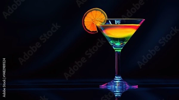 Fototapeta A dark, elegant martini glass filled with a rich, dark beverage, highlighted by a twist of orange peel perched on the rim.