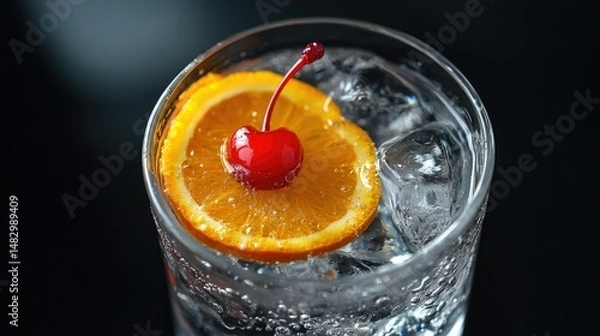 Fototapeta A glass filled with a vibrant red beverage, featuring ice cubes and garnished with an orange slice and a maraschino cherry.