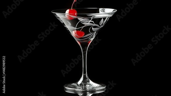 Fototapeta A close-up view of a cocktail in a stylish martini glass, featuring amber-colored liquid with a glossy surface.