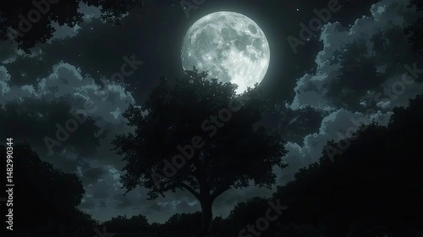 Fototapeta A large, bright full moon dominates the sky against a backdrop of dark, swirling clouds.