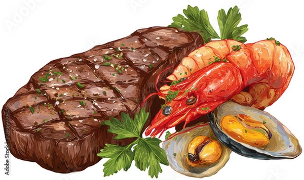 Obraz Grilled Steak and Succulent Shrimp with Fresh Oysters and Mussels Garnished with Parsley on Transparent Background