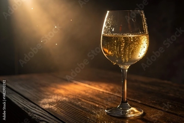 Obraz Hyperrealistic White Wine Glass with Golden Light and Moody Background on Wooden Table