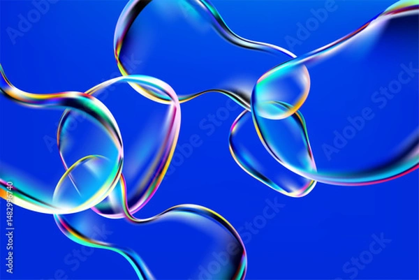 Obraz Glass iridescent liquid bubbles on white background. 3D Transparent fluid drops.