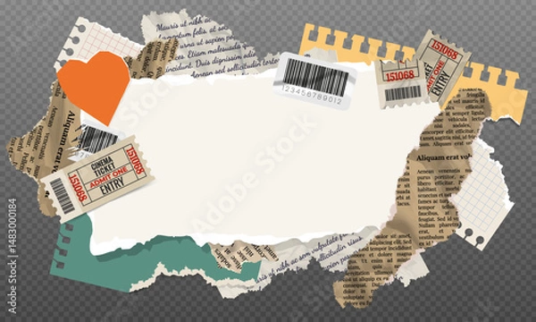 Fototapeta Collage banner of torn paper, notepad sheets, scraps of notebook page, torn crumpled old letter, newspaper and movie tickets. Vector design template in modern trendy aged retro style.