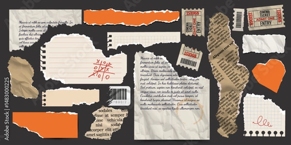 Fototapeta Set of torn paper. Notepad sheets, scraps of notebook page, torn crumpled old letter, newspaper and movie tickets. Vector design template in aged style.