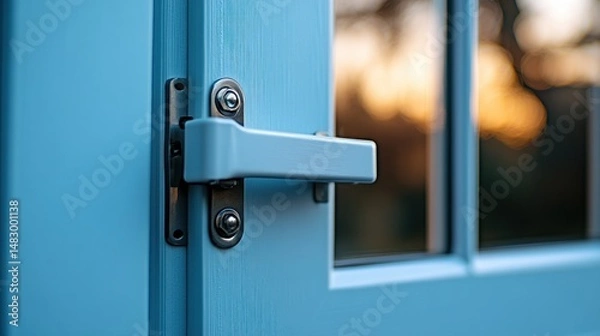 Obraz Close-up of a light blue door handle and latch