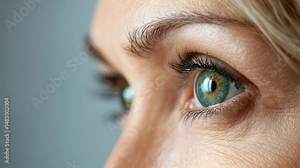 Obraz Detailed Close up Photograph Showcasing a Patient s Eye Before and After an Under Eye Filler Procedure Highlighting the Smooth Rejuvenated Skin and Available Copy Space