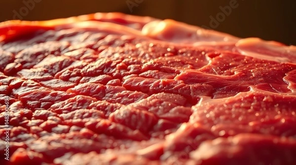 Obraz Raw Beef Meat Close-Up on Wooden Surface – Fresh Red Steak Texture, Uncooked Meat Cut for Cooking, Culinary Ingredient for BBQ, Grill, or Gourmet Recipes