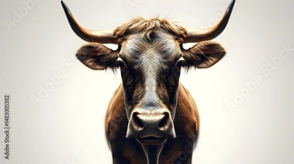 Obraz Close-up Portrait of a Brown and White Horned Cow Facing Forward on Dark Background – Detailed Texture, Rural Farm Animal Concept, Ideal for Agriculture and Livestock Themes