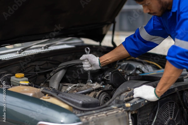 Obraz Auto mechanic repairing engine using wrench in garage. Mechanic in a jumpsuit fixes a car engine in a garage workshop.