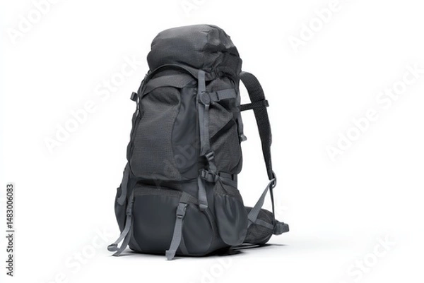 Fototapeta Durable dark gray backpack, perfect for hiking or travel adventures.  Multiple compartments and sturdy straps ensure secure packing.