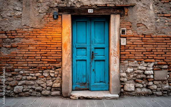 Fototapeta Rustic blue door nestled in textured facade