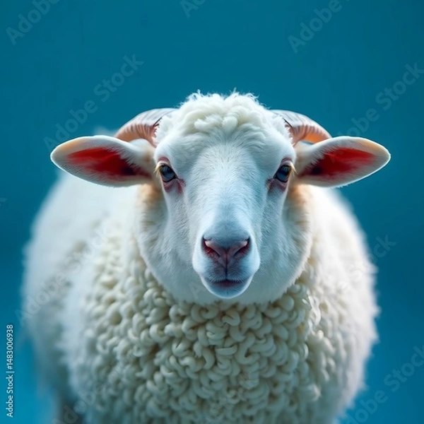 Obraz Close-Up Portrait of a White Horned Sheep Facing Forward – Clean Wool Texture, Farm Animal Concept, Perfect for Agriculture, Eid al-Adha, and Livestock-Themed Visuals