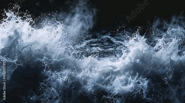 Fototapeta Turbulent white water splashing against dark background, creating a powerful sonic wave effect with dynamic liquid formations, representing sound vibration. Amazing view with flowing liquid particles