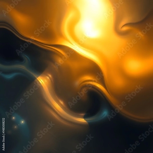 Fototapeta Dreamy abstract artwork, iridescent colors, warm golds and cool blues, ethereal fluid forms, interplay of light and shadow art illustration design