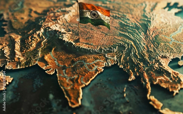 Fototapeta Detailed relief map of Indian subcontinent with national flag planted at center. Topographical view shows mountainous terrain and coastlines in earthy orange and green tones.