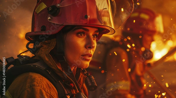 Fototapeta Focused female firefighter in red helmet against dramatic backdrop of flames. Her determined expression captures the intensity of emergency response during a dangerous wildfire operation