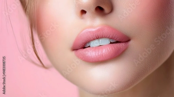 Obraz Close up photograph showcasing the smooth and hydrated skin of a patient s lips during the healing process after a lip augmentation cosmetic procedure