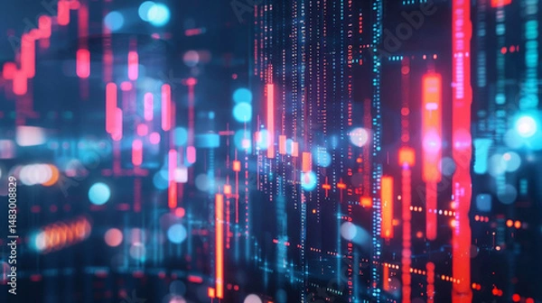 Fototapeta Abstract digital data visualization with glowing blue and red light streams. Technology background featuring numeric code, financial market charts and trading statistics in a cybernetic environment