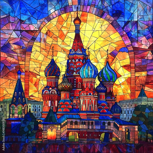 Fototapeta Saint Basil's Cathedral depicted in vibrant stained glass mosaic style. Colorful onion domes and towers set with intricate geometric patterns creating kaleidoscopic effect of Russian architecture