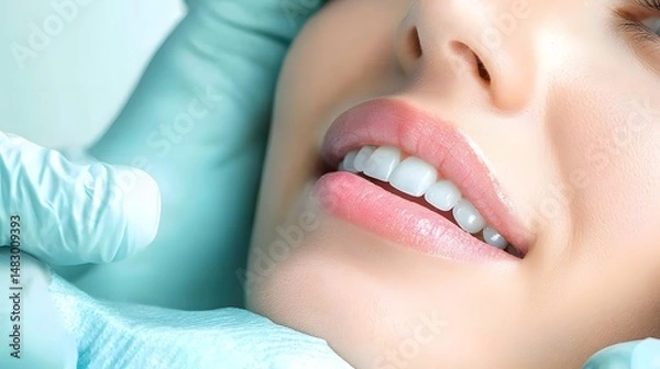 Obraz Close Up Photograph Highlighting an Advanced Laser Lip Rejuvenation Treatment in a Modern Medical Clinic Setting  The Image Focuses on the High Tech Medical Device Used for the Cosmetic Procedure